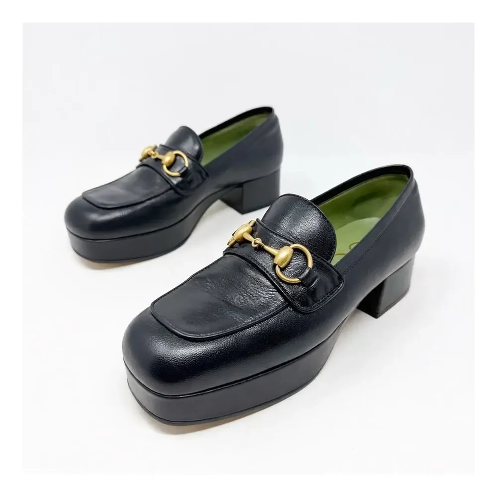 Gucci Houdan Horsebit Platform Loafers Black Leather Womens Size EU 36